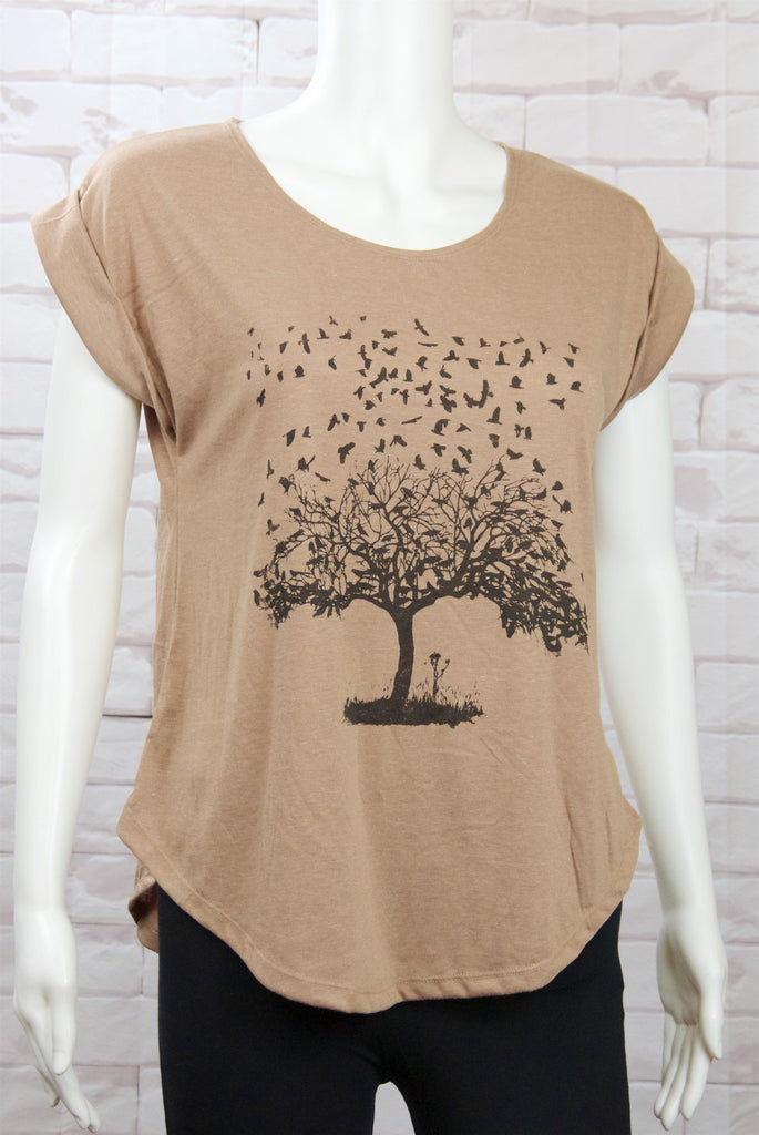 Roll Sleeve Tee - beige, birds, clothing, cool, duck tape, girl, girls, roll sleeve, tee, top, tree, tshirt - Wander Emporium