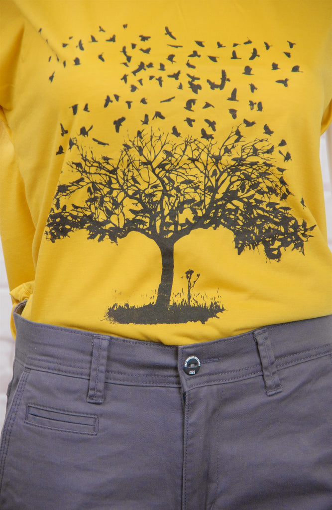 Roll Sleeve Tee - beige, birds, clothing, cool, duck tape, girl, girls, roll sleeve, tee, top, tree, tshirt - Wander Emporium