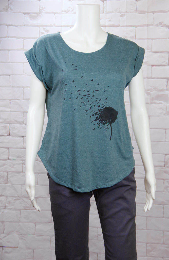 Roll Sleeve Tee - blowing, cool, dandelion, dandelions, girl, girls, roll sleeve, tee, top, tshirt, wind - Wander Emporium