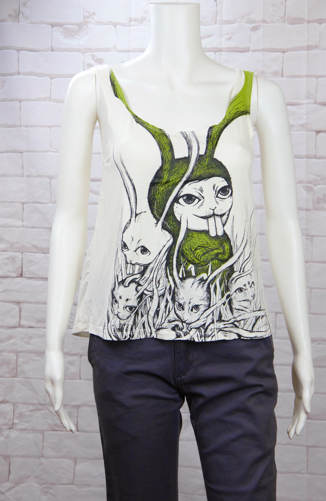 Crop Tank Top - big teeth, bunnies, bunny, bunny head, crop top, girl, girls, green, top - Wander Emporium