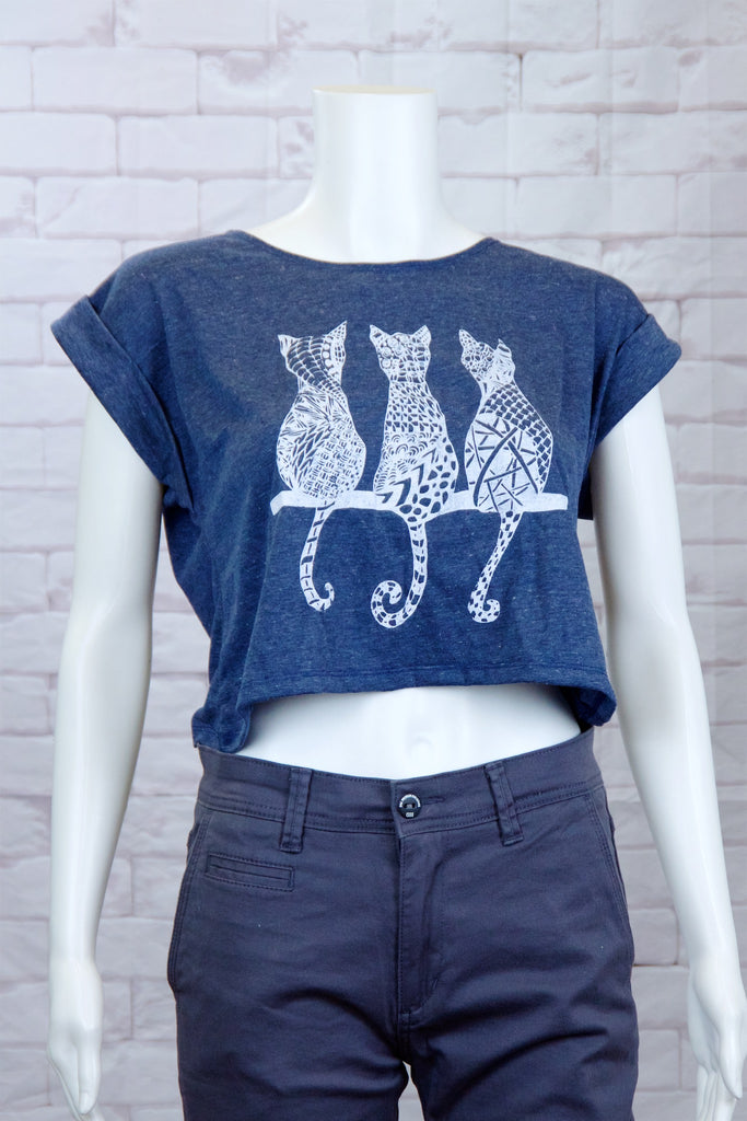 Crop Tee Top - cat, cool, crop top, girl, girls, roll sleeves, tee crop, top, trendy - Wander Emporium