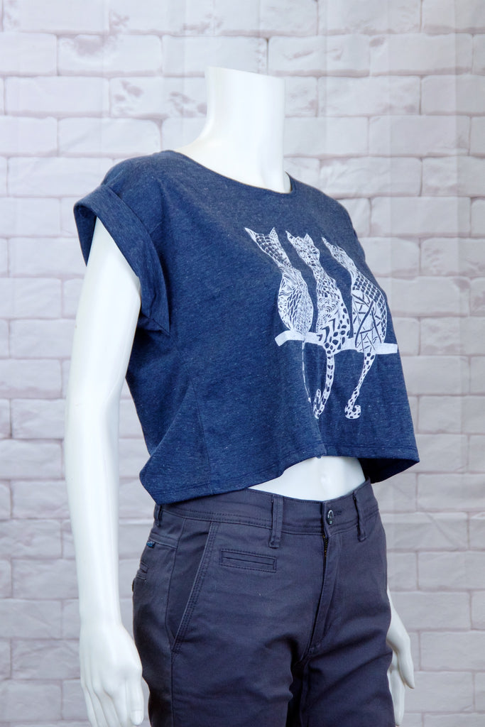 Crop Tee Top - cat, cool, crop top, girl, girls, roll sleeves, tee crop, top, trendy - Wander Emporium