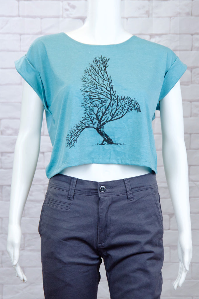 Crop Tee Top - bird, cool, crop top, girl, girls, roll sleeves, tee crop, top, tree, trees, trendy - Wander Emporium