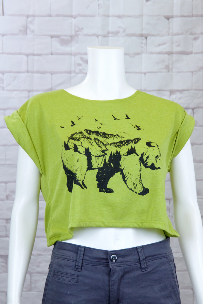 Crop Tee Top - bear, cool, crop top, girl, girls, grizzly, roll sleeves, tee crop, top, trendy - Wander Emporium
