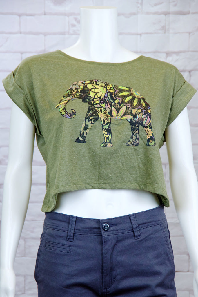 Crop Tee Top - cool, crop top, elephant, elephantgood luck, girl, girls, paisley, roll sleeves, tee crop, top, trendy - Wander Emporium