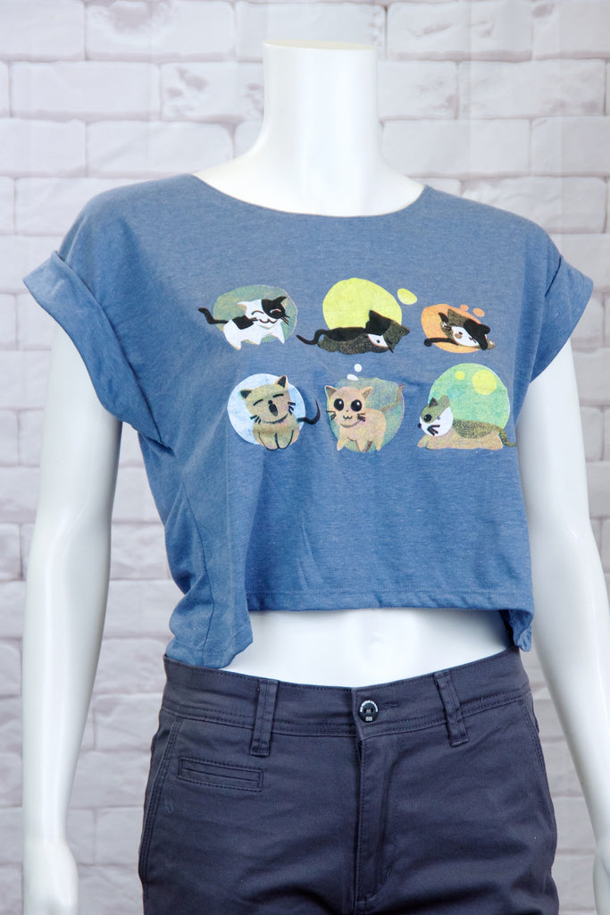 Crop Tee Top - cats, cool, crop top, girl, girls, roll sleeves, tee crop, top, trendy - Wander Emporium