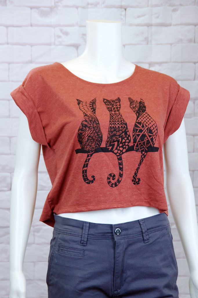 Crop Tee Top - cat, cool, crop top, girl, girls, roll sleeves, tee crop, top, trendy - Wander Emporium