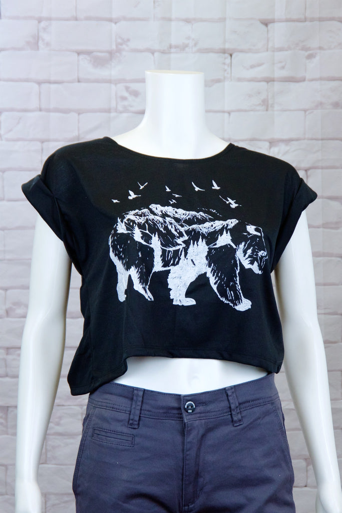 Crop Tee Top - bear, cool, crop top, girl, girls, grizzly, roll sleeves, tee crop, top, trendy - Wander Emporium