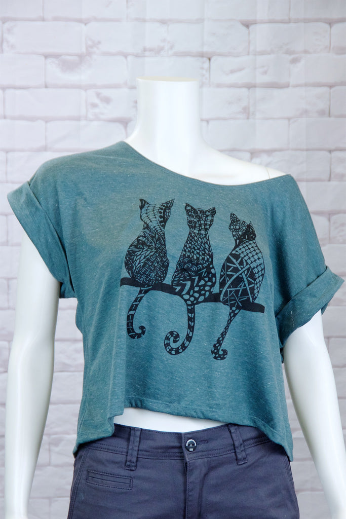 Crop Tee Top - cat, cool, crop top, girl, girls, roll sleeves, tee crop, top, trendy - Wander Emporium