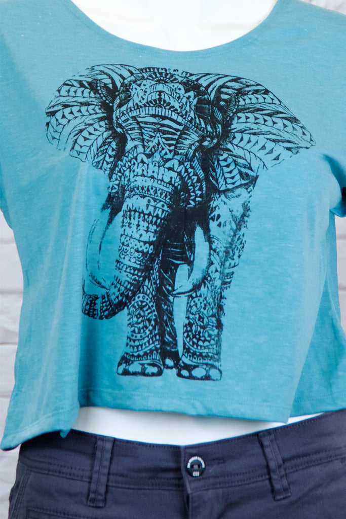 Crop Tee Top - cool, crop top, elephant, girl, girls, roll sleeves, tee crop, top, trendy - Wander Emporium
