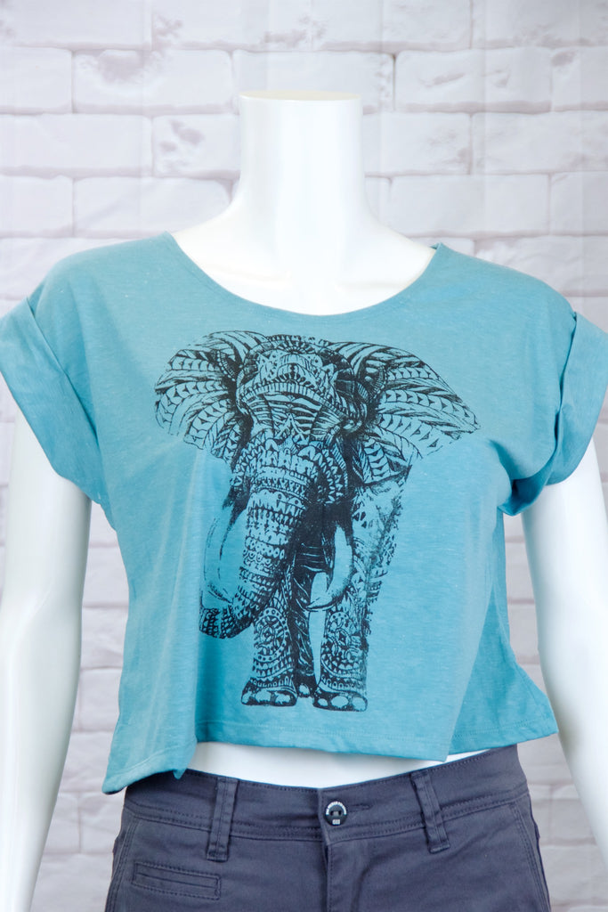 Crop Tee Top - cool, crop top, elephant, girl, girls, roll sleeves, tee crop, top, trendy - Wander Emporium