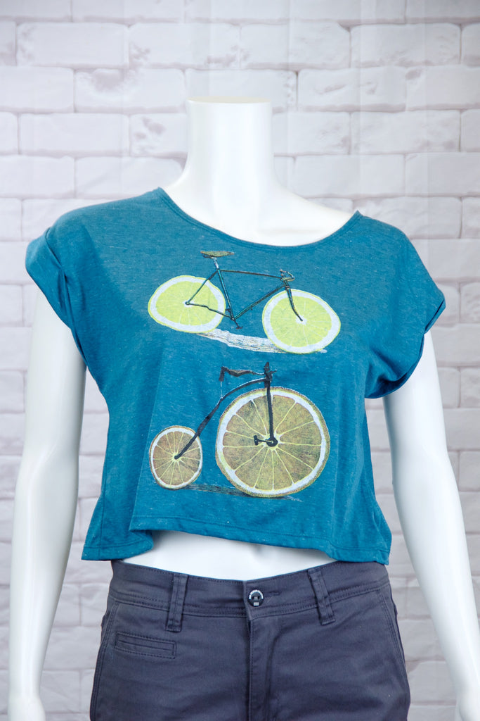 Crop Tee Top - bike, cool, crop top, girl, girls, lemon, roll sleeves, tee crop, top, trendy - Wander Emporium