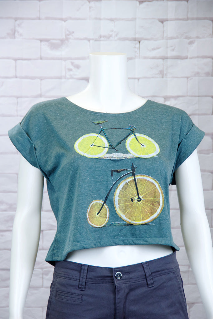Crop Tee Top - bike, cool, crop top, girl, girls, lemon, roll sleeves, tee crop, top, trendy - Wander Emporium