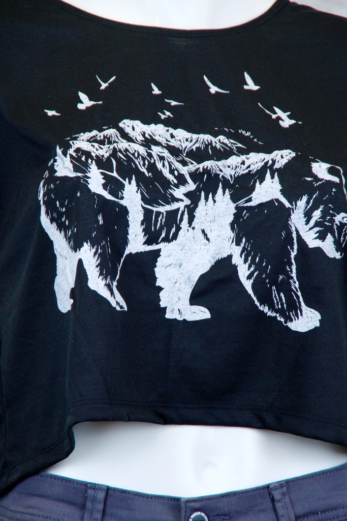 Crop Tee Top - bear, cool, crop top, girl, girls, grizzly, roll sleeves, tee crop, top, trendy - Wander Emporium
