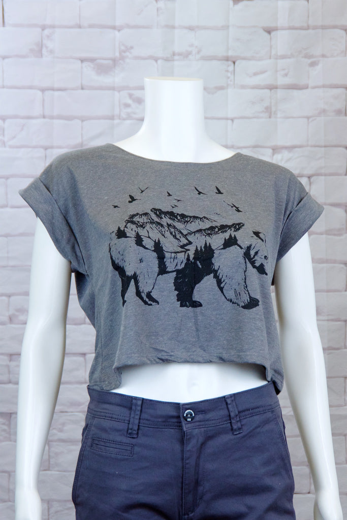 Crop Tee Top - bear, cool, crop top, girl, girls, grizzly, roll sleeves, tee crop, top, trendy - Wander Emporium
