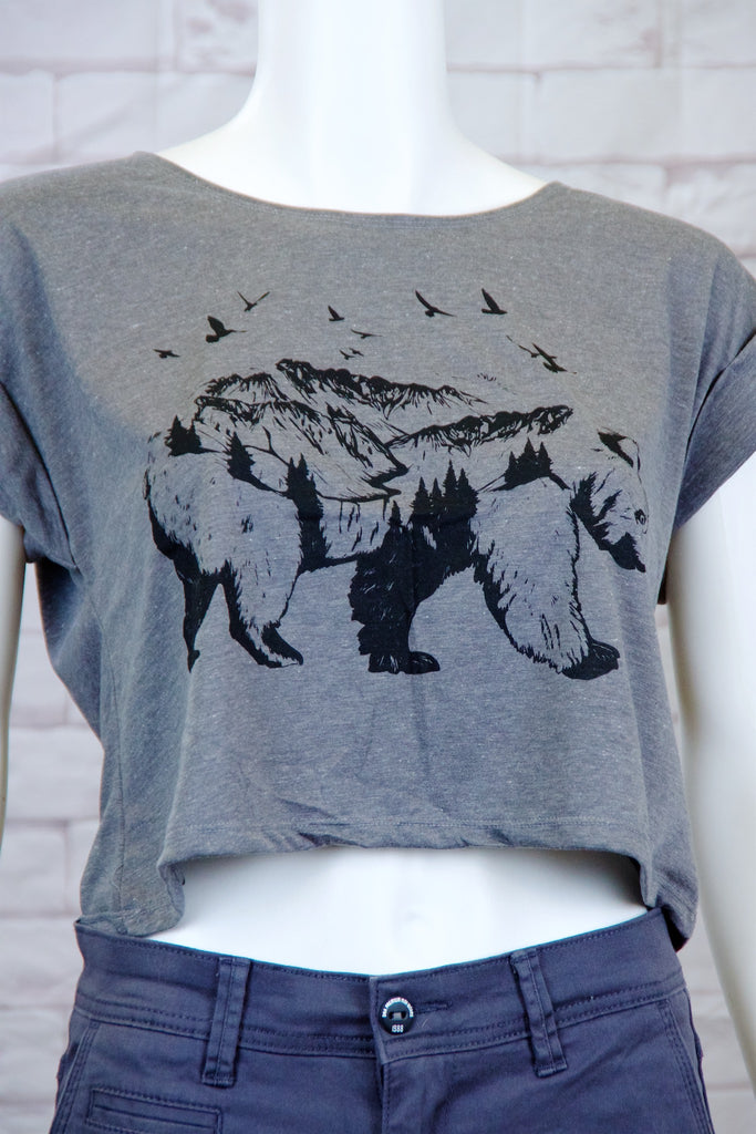 Crop Tee Top - bear, cool, crop top, girl, girls, grizzly, roll sleeves, tee crop, top, trendy - Wander Emporium