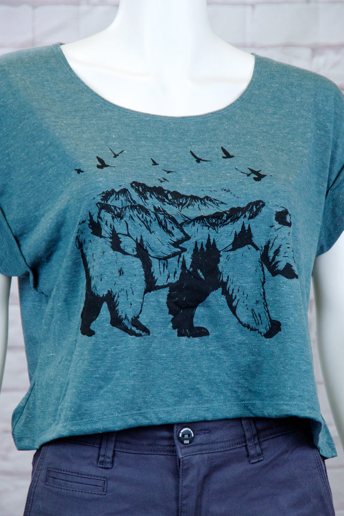Crop Tee Top - bear, cool, crop top, girl, girls, grizzly, roll sleeves, tee crop, top, trendy - Wander Emporium