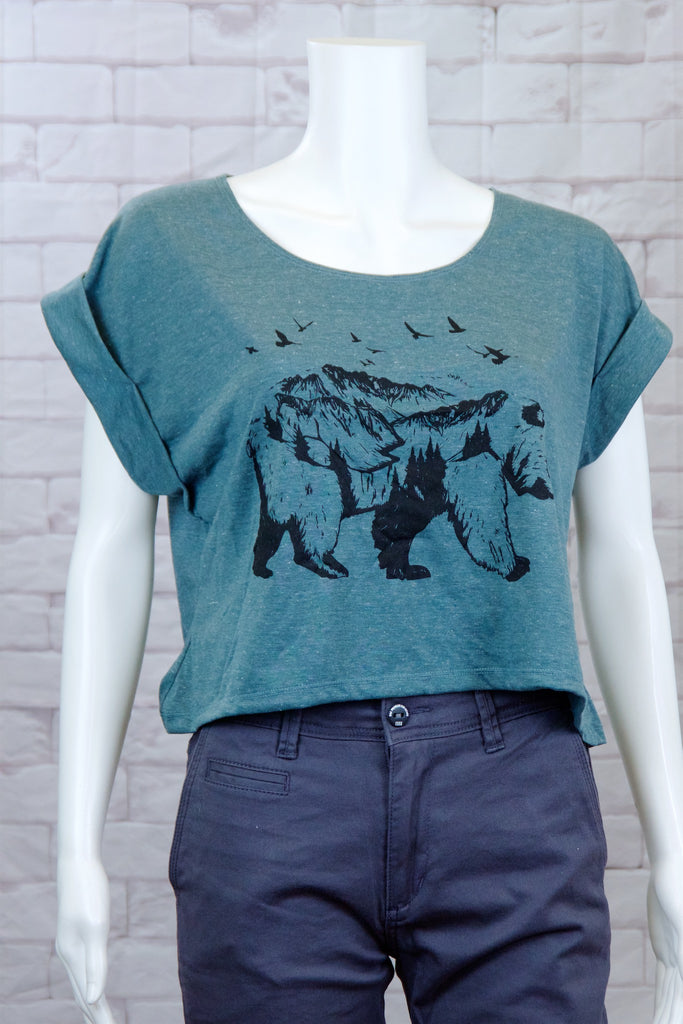 Crop Tee Top - bear, cool, crop top, girl, girls, grizzly, roll sleeves, tee crop, top, trendy - Wander Emporium