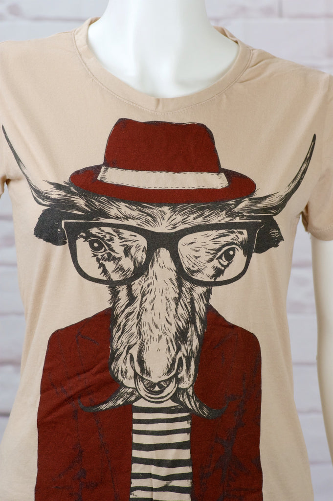 Fitted T-shirt - cow, devil, fitted, girls, glasses, hat, horns, millennial look, tshirt - Wander Emporium