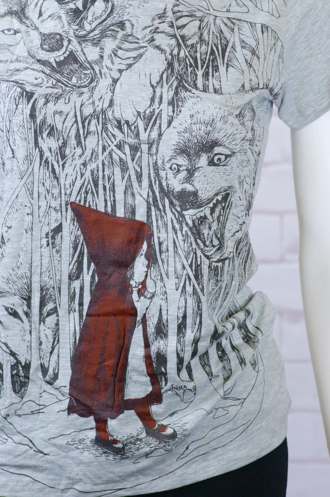 Fitted T-shirt - fitted, girl, girls, red, riding hood, top, tshirt, wolves - Wander Emporium