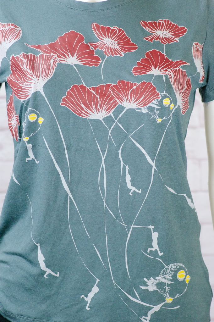 Fitted T-shirt - bird, birds, fitted, flying, girl, girls, poppies, top, tshirt - Wander Emporium