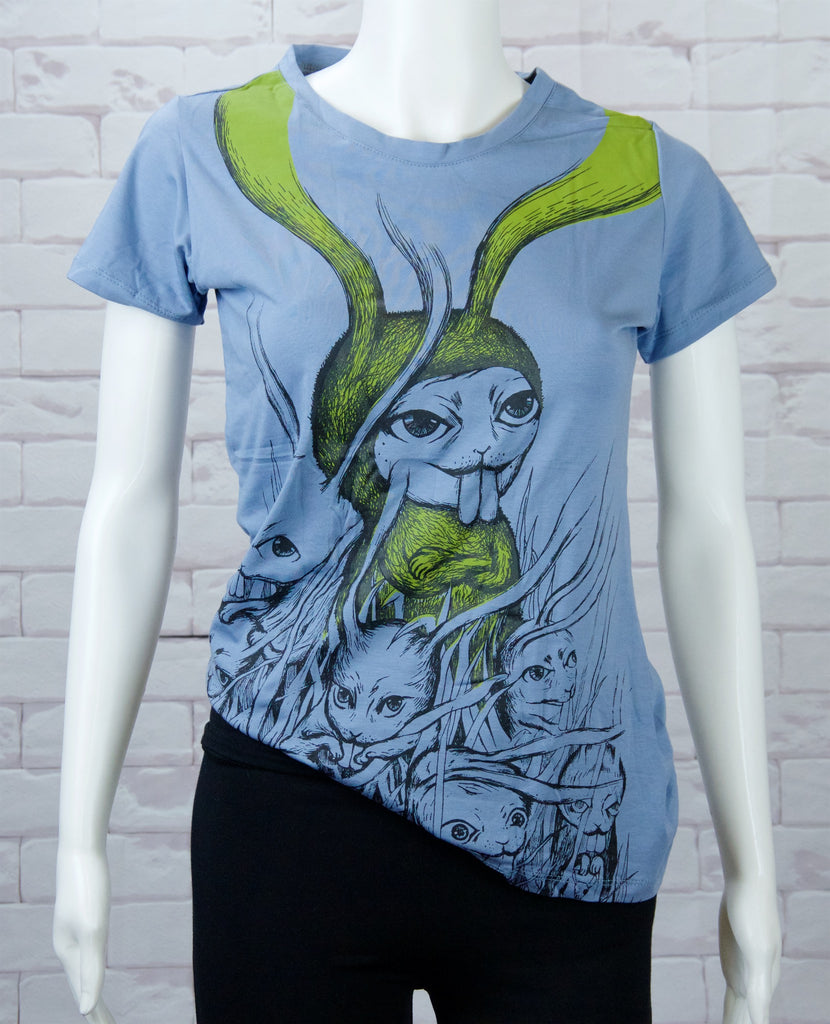 Fitted T-shirt - big teeth, bunny, crazy, fitted, girl, girls, green, top, tshirt - Wander Emporium