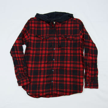Upcycled Flannel Hoodies | L - black, comfy clothing, cozy, fall, flannel, flannel hoodie, hoodie, human, lumberjack, man, men, new clothing, plaid, red, unisex, winter, woman, women - Wander Emporium