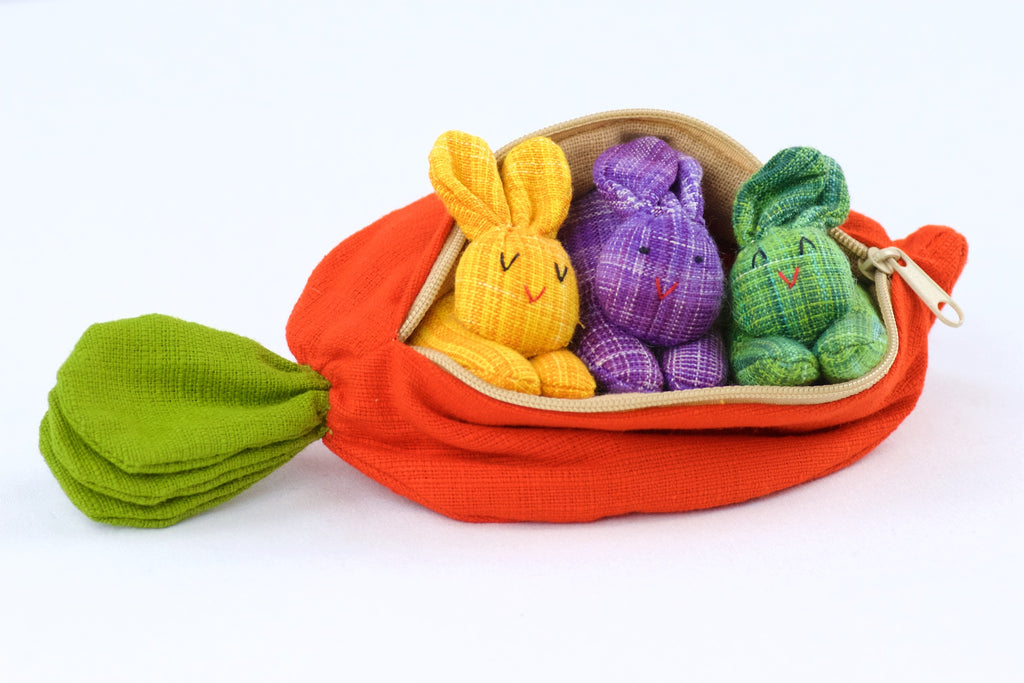 Carrot Set | 3 Baby Bunnies - bunnies, bunny, carrot, hill tribe, plush toy, pouch, toy set, whimsical - Wander Emporium