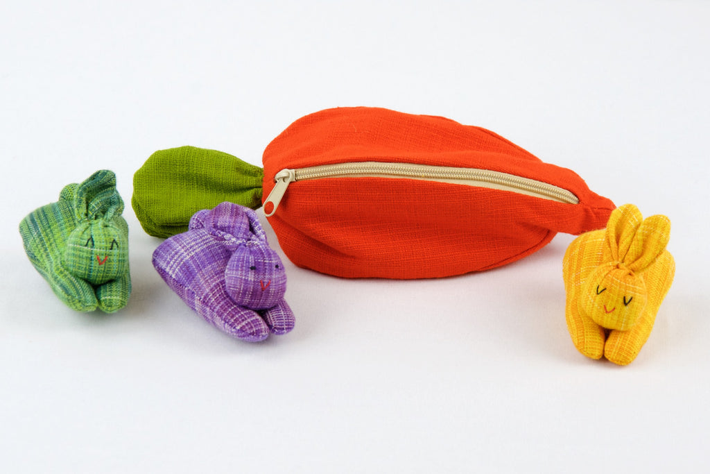 Carrot Set | 3 Baby Bunnies - bunnies, bunny, carrot, hill tribe, plush toy, pouch, toy set, whimsical - Wander Emporium
