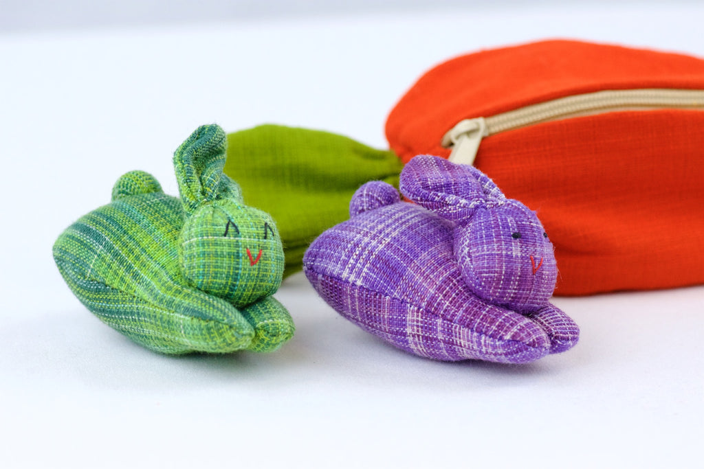 Carrot Set | 3 Baby Bunnies - bunnies, bunny, carrot, hill tribe, plush toy, pouch, toy set, whimsical - Wander Emporium