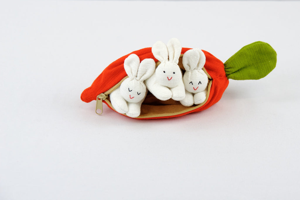 Carrot Set | 3 Baby Bunnies - bunnies, bunny, carrot, hill tribe, plush toy, pouch, toy set, whimsical - Wander Emporium