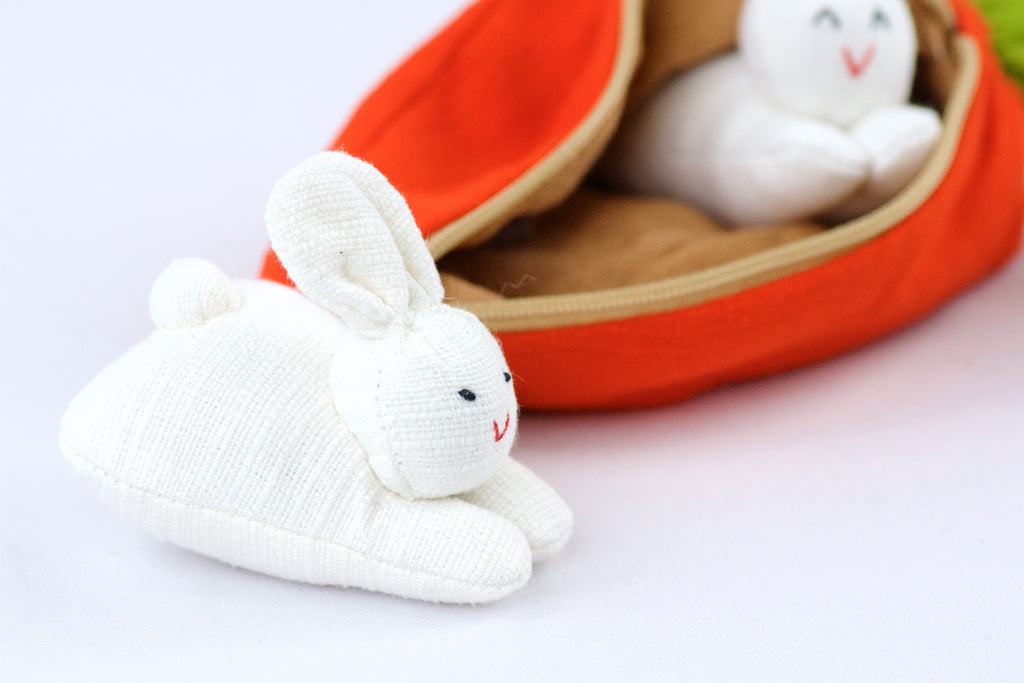 Carrot Set | 3 Baby Bunnies - bunnies, bunny, carrot, hill tribe, plush toy, pouch, toy set, whimsical - Wander Emporium