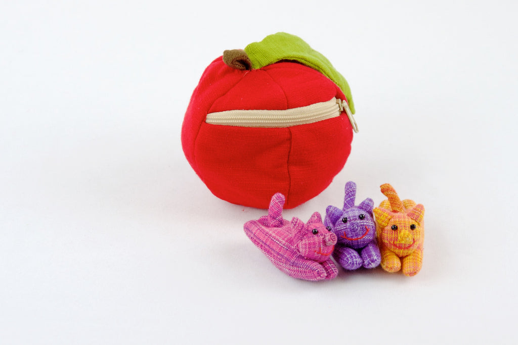 Apple Set | 3 Piglets - apple, hill tribe, piglets, plush toy, pouch, toy set, whimsical - Wander Emporium