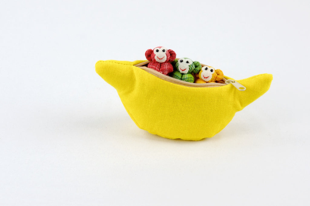 Banana Set | 3 Monkeys - banana, hill tribe, monkey, plush toy, pouch, toy set, whimsical - Wander Emporium