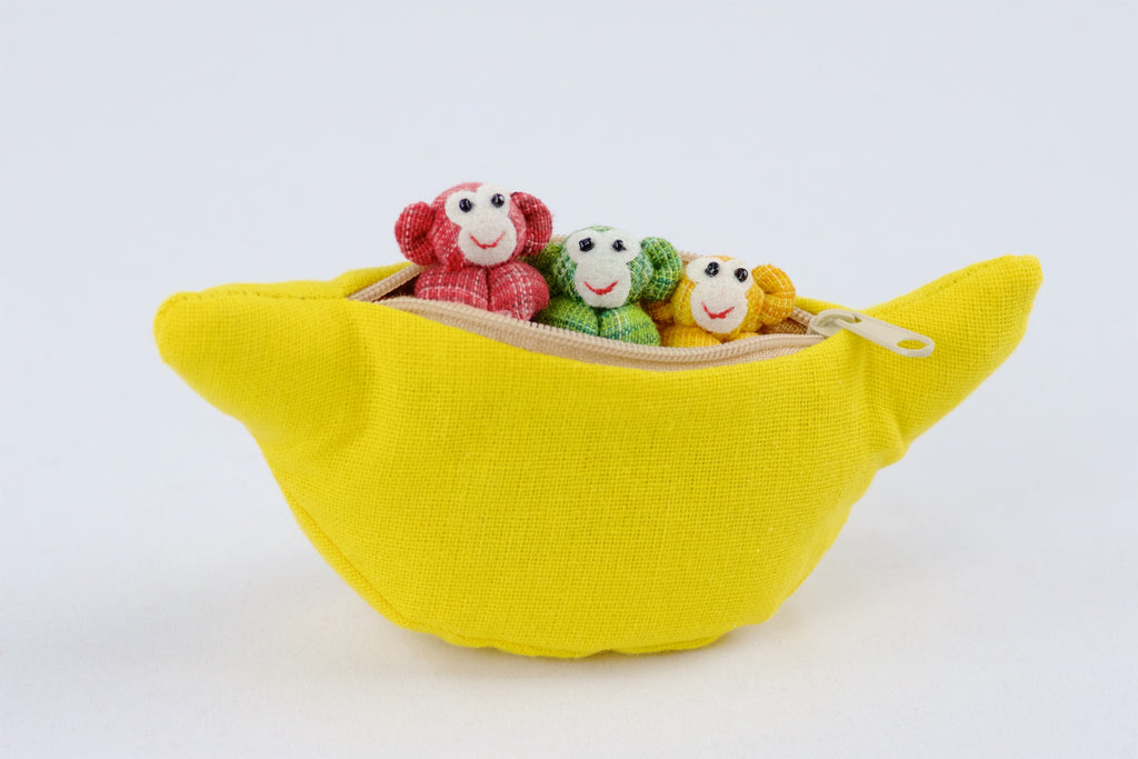 Banana Set | 3 Monkeys - banana, hill tribe, monkey, plush toy, pouch, toy set, whimsical - Wander Emporium