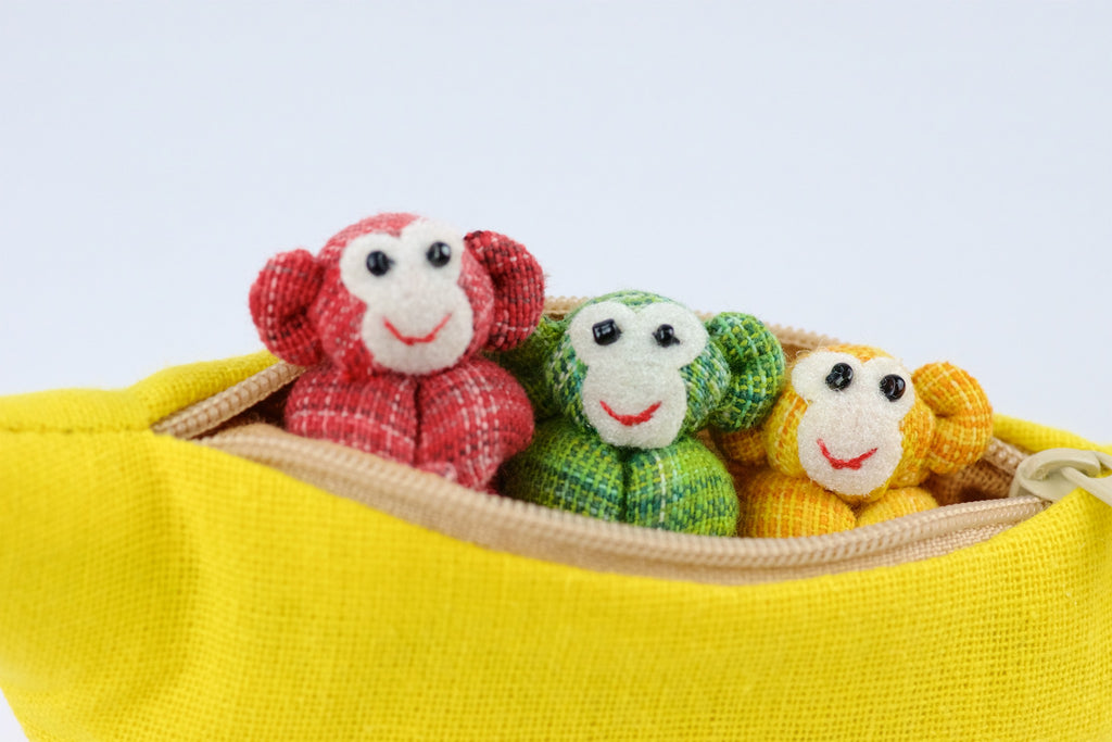 Banana Set | 3 Monkeys - banana, hill tribe, monkey, plush toy, pouch, toy set, whimsical - Wander Emporium