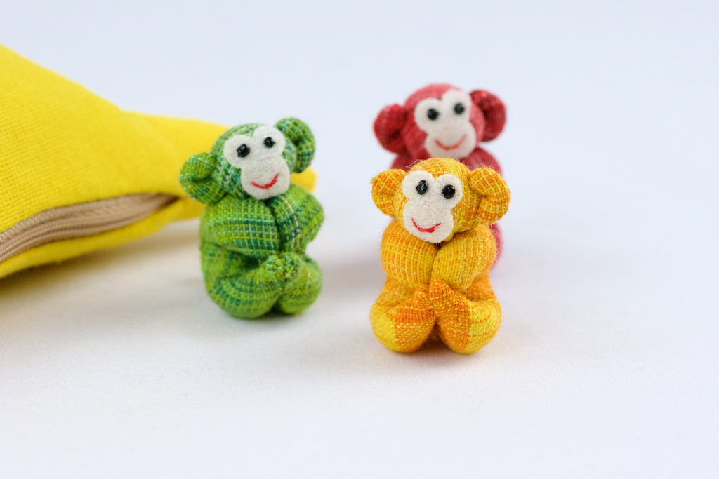 Banana Set | 3 Monkeys - banana, hill tribe, monkey, plush toy, pouch, toy set, whimsical - Wander Emporium