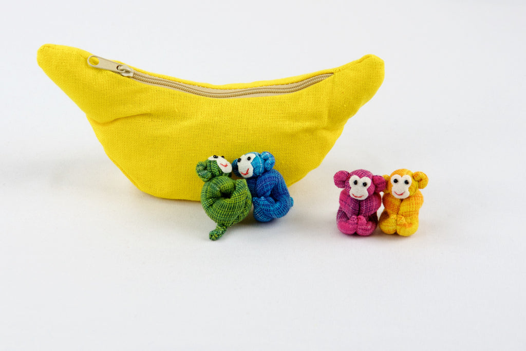 Banana Set | 4 Monkeys - banana, hill tribe, monkey, plush toy, pouch, toy set, whimsical - Wander Emporium
