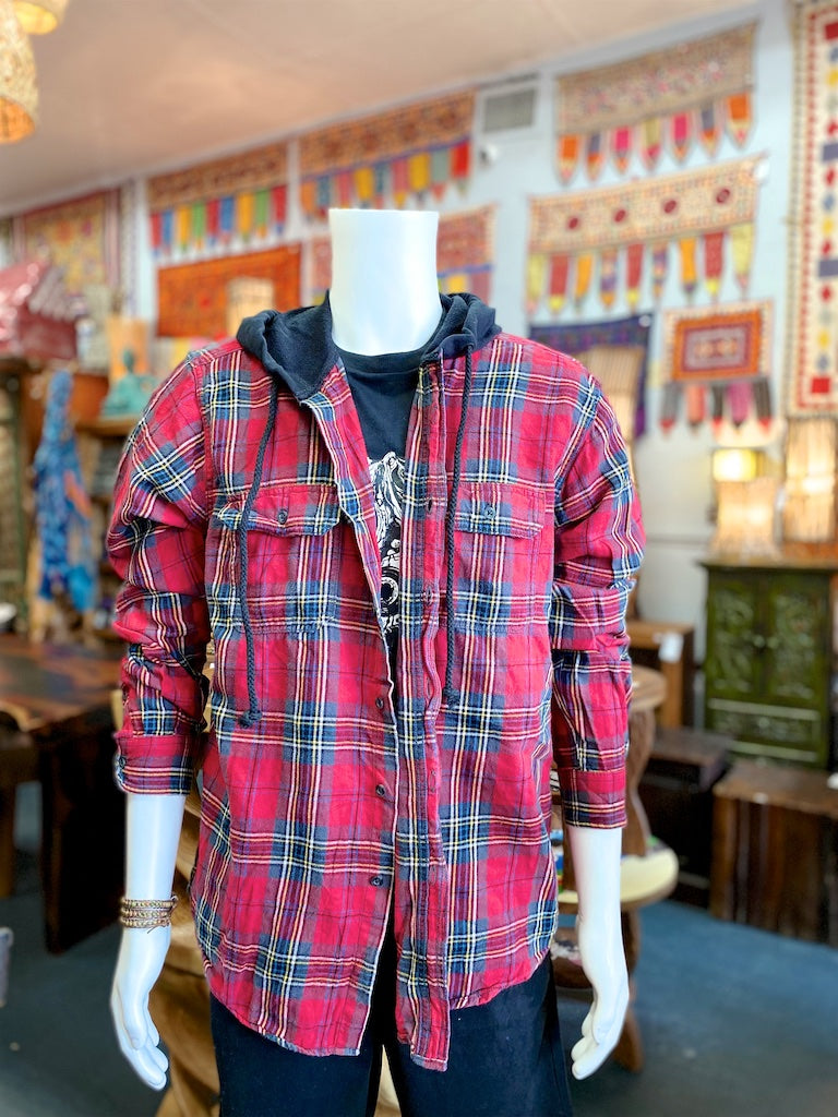Upcycled Flannel Hoodies | L - black, comfy clothing, cozy, fall, flannel, flannel hoodie, hoodie, human, lumberjack, man, men, new clothing, plaid, red, unisex, winter, woman, women - Wander Emporium