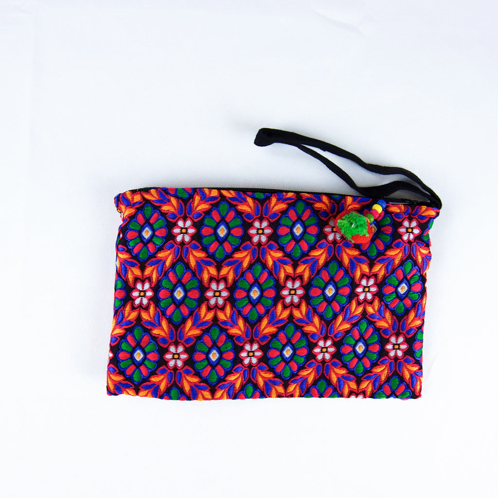 Embroidered Cloth Pouch | Medium - coin purse, cosmetic bag, embroidered, ethnic, handmade, medium size, organizer, pink, pouch, print, wallet - Wander Emporium