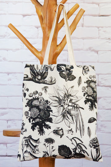 Canvas Tote Bag | Wild Flowers - bag, beach bag, black and white, book bag, canvas, drawing, hand printed, meow, nature, Shopper, Tote, tote bag, wild, wild flowers - Wander Emporium