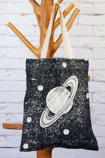 Canvas Tote Bag | Saturn - bag, beach bag, black and white, book bag, canvas, drawing, hand printed, nature, Shopper, Tote, tote bag - Wander Emporium