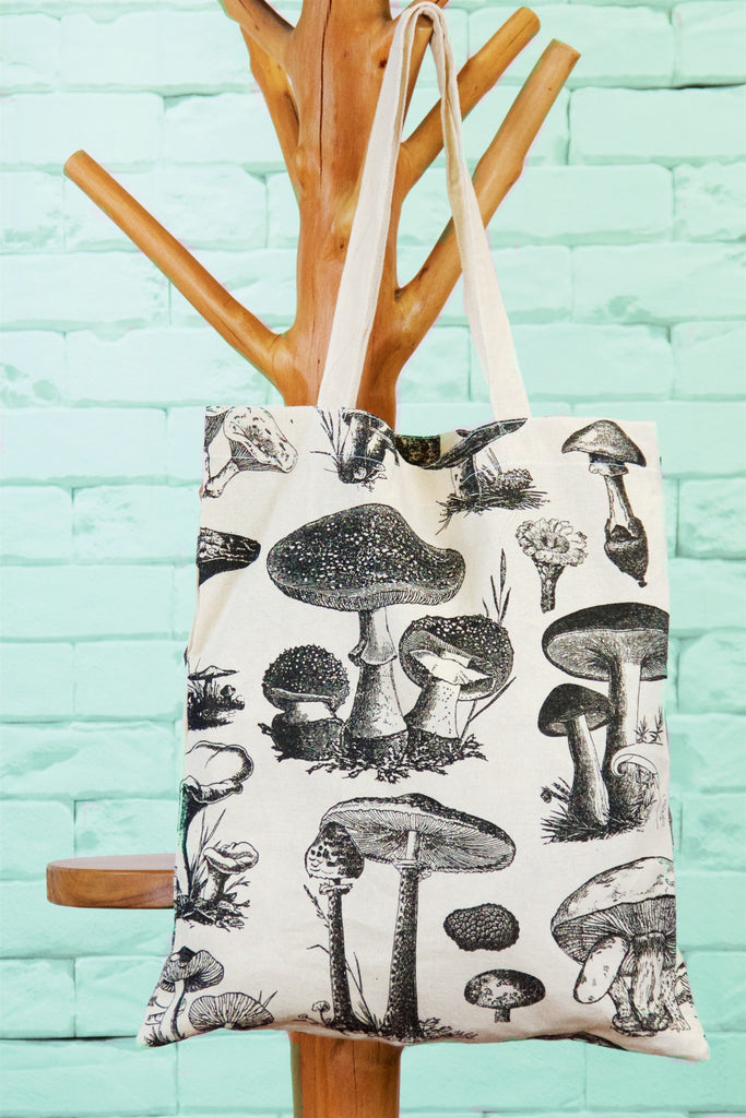 Canvas Tote Bag | Mushrooms - bag, beach bag, black and white, book bag, canvas, drawing, hand printed, mushroom, mushrooms, nature, porcini, Shopper, Tote, tote bag - Wander Emporium