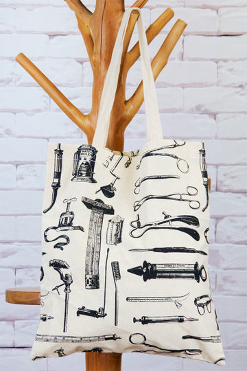Canvas Tote Bag | Tools - bag, beach bag, black and white, book bag, canvas, drawing, hand printed, medicine drawings, Shopper, tools, Tote, tote bag - Wander Emporium