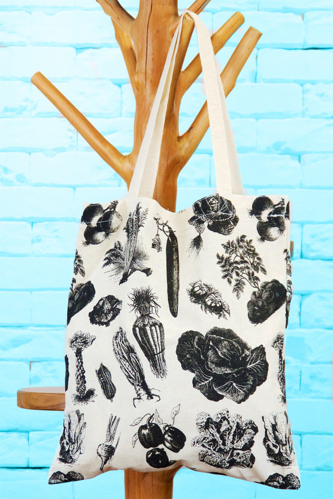 Canvas Tote Bag | Vegetables - bag, beach bag, black and white, book bag, canvas, drawing, hand printed, Shopper, Tote, tote bag, vegetables, veggies - Wander Emporium
