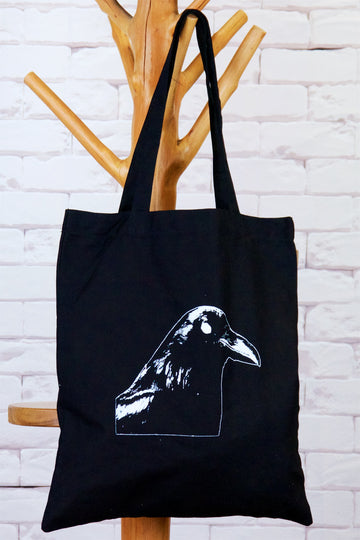 Canvas Tote Bag | Crow - bag, beach bag, bird, black and white, book bag, crow, drawing, hand printed, nature, Shopper, Tote, tote bag - Wander Emporium