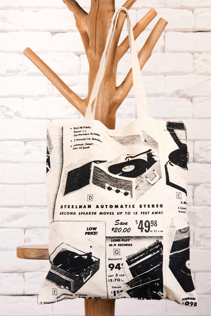 Canvas Tote Bag | Stereo - bag, beach bag, black and white, book bag, canvas, drawing, hand printed, record player, Shopper, stereo, Tote, tote bag - Wander Emporium