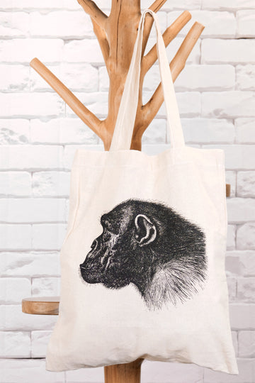 Canvas Tote Bag | Monkey - bag, beach bag, black and white, book bag, canvas, drawing, hand printed, head, monkey, nature, Shopper, Tote, tote bag - Wander Emporium
