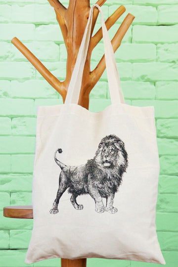 Canvas Tote Bag | Lion - bag, beach bag, black and white, book bag, drawing, hand printed, lion, nature, Shopper, Tote, tote bag - Wander Emporium