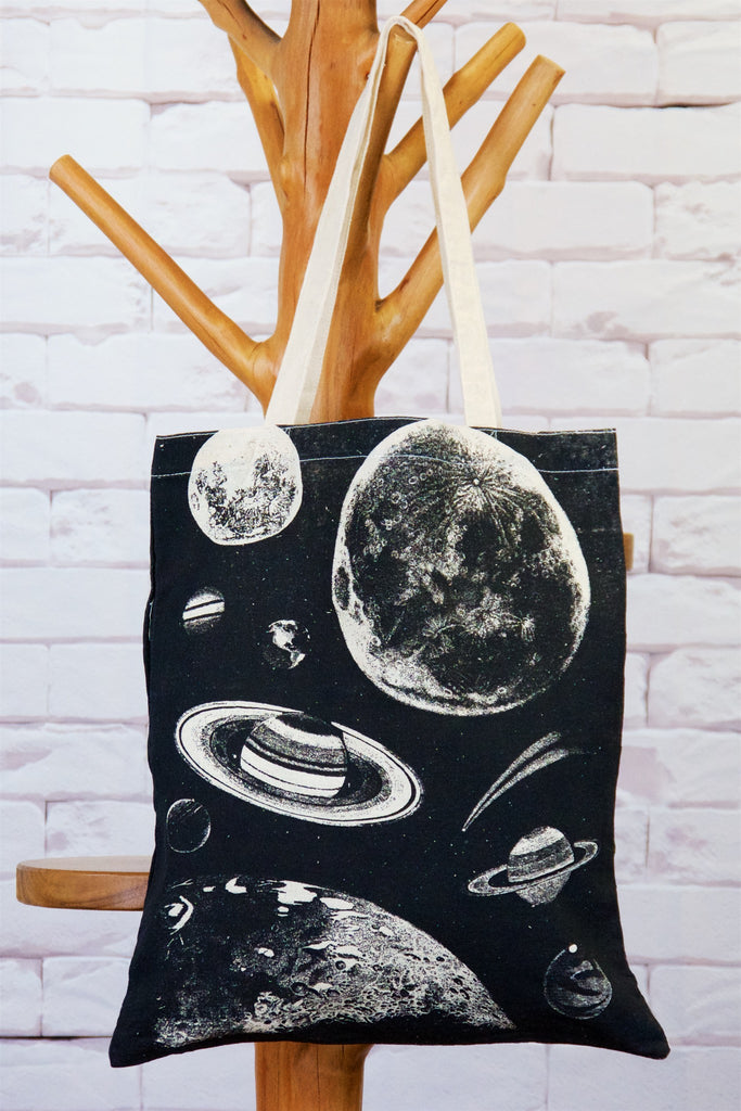 Canvas Tote Bag | Planets - bag, beach bag, black and white, book bag, drawing, hand printed, nature, outer space, PLANET, planets, Shopper, space, Tote, tote bag - Wander Emporium